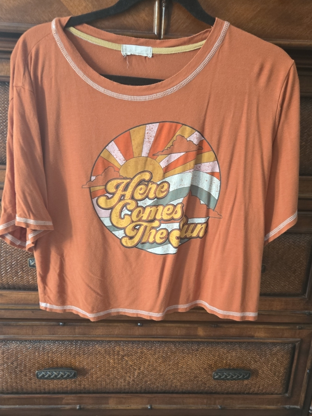 Altar'd State Rust Orange Cropped Graphic Tee with Retro Sun